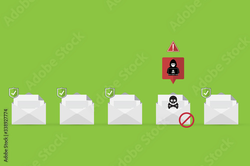 Email / envelope with black document and skull icon. Virus, malware, email fraud, e-mail spam, phishing scam, hacker attack concept. Vector illustration	