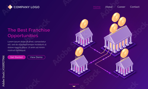 Franchise opportunities isometric landing page. Franchising business branch expansion, marketing system etherium cryptocurrency mining, Small enterprise with corporate headquarter 3d vector web banner