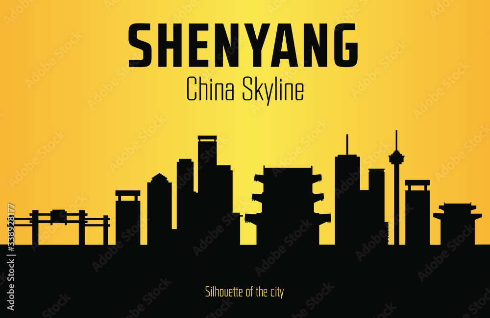 Shenyang China city silhouette and yellow background. Shenyang China Skyline.