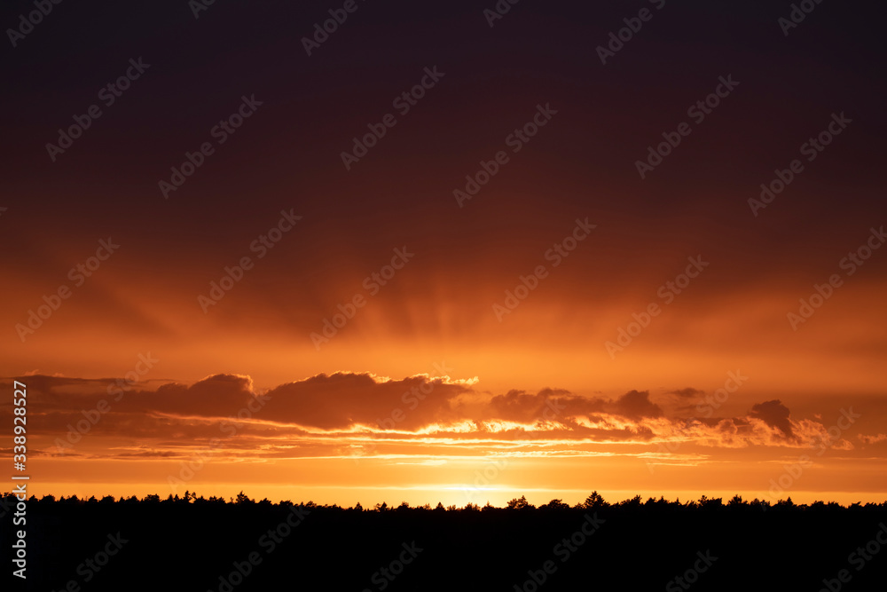 Magic orange sunset with sun rays