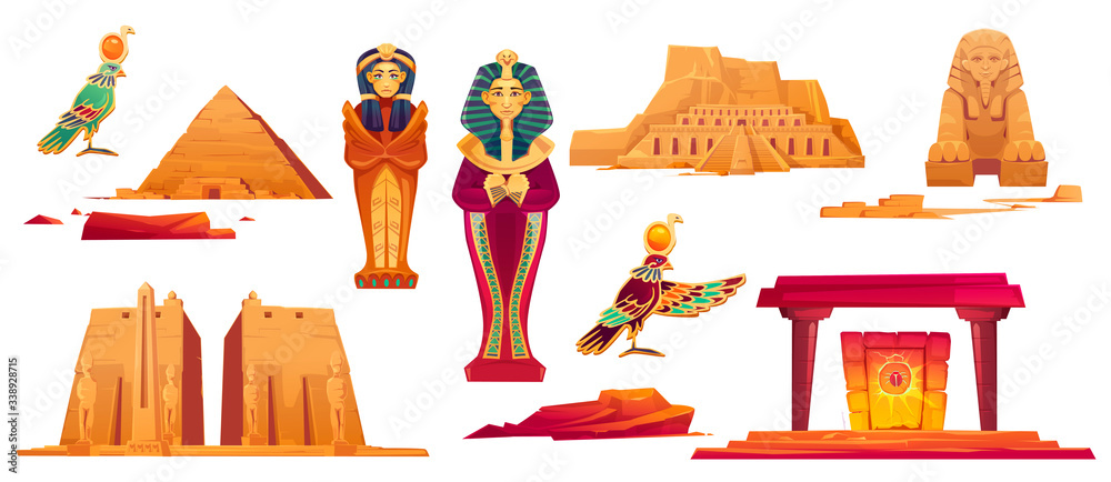 Ancient Egypt landmarks. Vector icons set of sculptures of egyptian ...