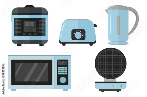 Slow cooker, electric kettle, toaster, microwave, waffle iron set in vector design. Graphic illustration of kitchen equipment in blue metallic colours isolated on white background.