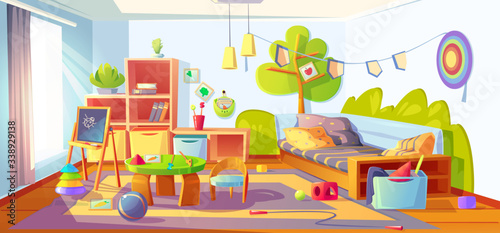 Mess in kids room, messy empty child bedroom interior with unmade bed and scattered toys on carpet. Clutter apartment indoors area with furniture and equipment for games, Cartoon vector illustration
