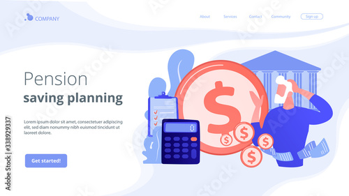 Earnings fund, budget calculating, social security. Retirement preparation, financial savings of retirees, pension saving planning concept. Website homepage landing web page template.