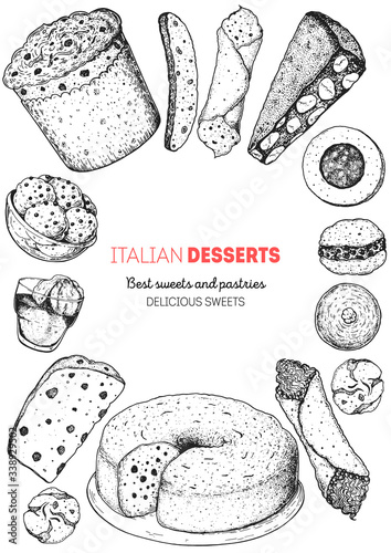 Italian dessert vector illustration. Italian sweet hand drawn sketch. Baking collection. Vintage design template. Cannoli, panforte, panettone, struffoli, ciambellone, amaretti, bombolone, affogato.