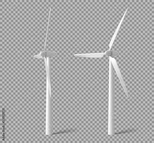 Fototapeta Wind turbines, windmills energy power generators front and side view