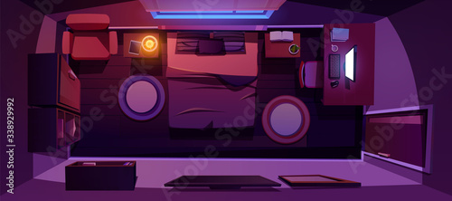 Bedroom interior top view, dark modern home or hotel empty apartment with double king size bed, nightstands with lamp and desk with working computer, bedchamber indoors Cartoon vector illustration