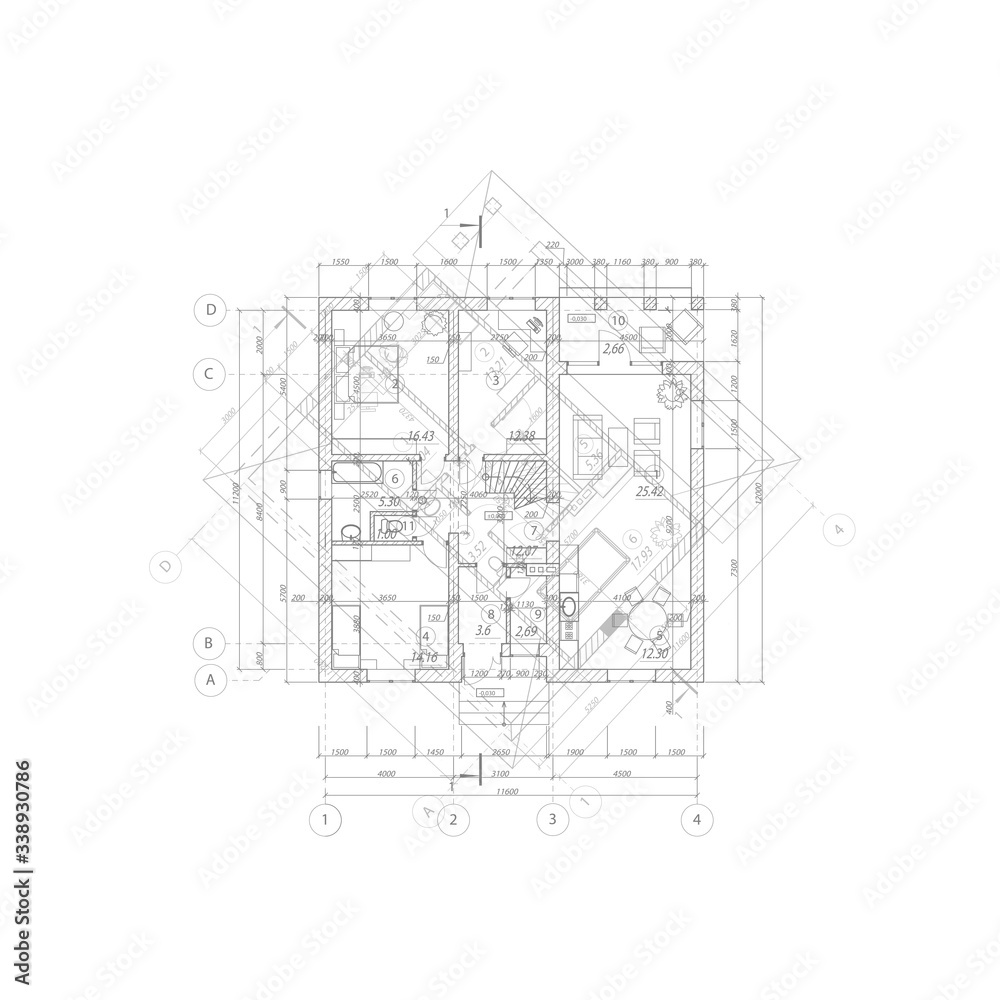 Architectural background. Vector blueprint. Detailed floor plans suburban house.
