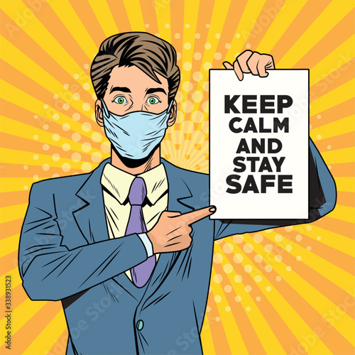 man using face mask fot covid19 pop art style