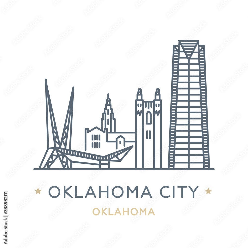 City Oklahoma City, state of Oklahoma. Line icon of famous and largest city of USA. Outline icon for web, mobile and infographics. Landmarks and famous building. Vector illustration, white isolated. 