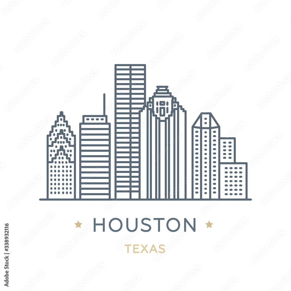 City Houston, state of Texas. Line icon of famous and largest city of USA. Outline icon for web, mobile and infographics. Landmarks and famous building. Vector illustration, white isolated. 
