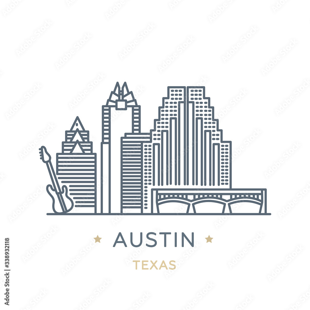 City Austin, state of Texas. Line icon of famous and largest city of USA. Outline icon for web, mobile and infographics. Landmarks and famous building. Vector illustration, white isolated. 