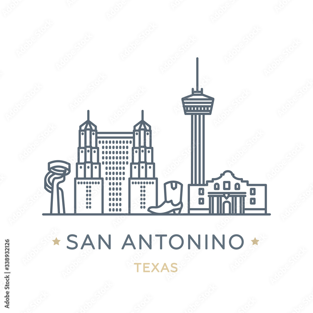 City San Antonino, state of Texas. Line icon of famous and largest city of USA. Outline icon for web, mobile and infographics. Landmarks and famous building. Vector illustration, white isolated. 