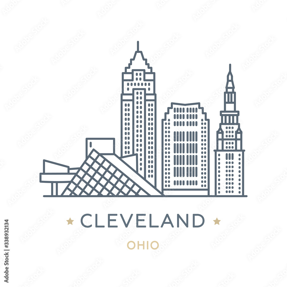 City Cleveland, state of Ohio. Line icon of famous and largest city of USA. Outline icon for web, mobile and infographics. Landmarks and famous building. Vector illustration, white isolated. 
