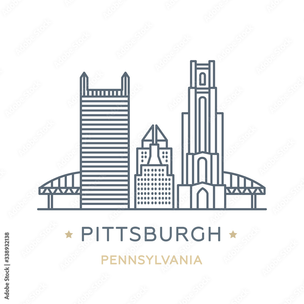 City Pittsburgh, state of Pennsylvania. Line icon of famous and largest