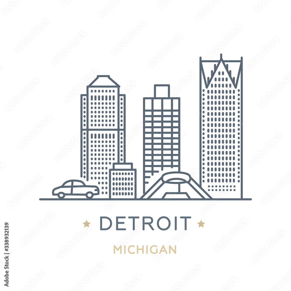 City Detroit, state of Michigan. Line icon of famous and largest city of USA. Outline icon for web, mobile and infographics. Landmarks and famous building. Vector illustration, white isolated. 