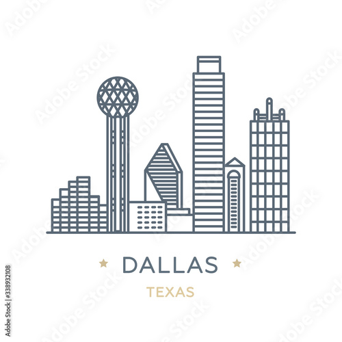 City Dallas, state of Texas. Line icon of famous and largest city of USA. Outline icon for web, mobile and infographics. Landmarks and famous building. Vector illustration, white isolated.  photo