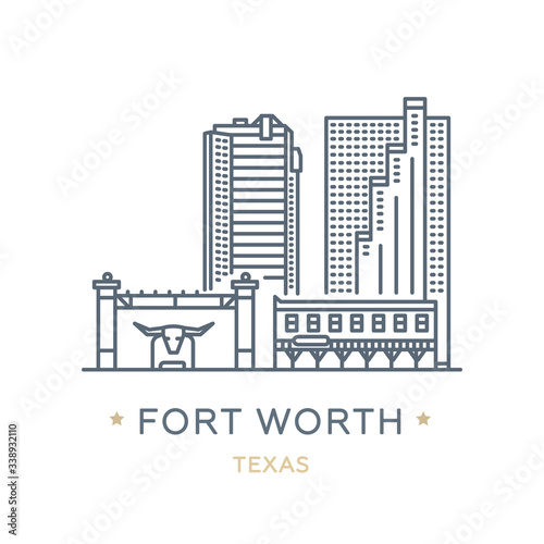 City Fort Worth, state of Texas. Line icon of famous and largest city of USA. Outline icon for web, mobile and infographics. Landmarks and famous building. Vector illustration, white isolated. 