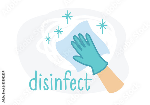 Cleaning hand with glove wiping paper towels illustration