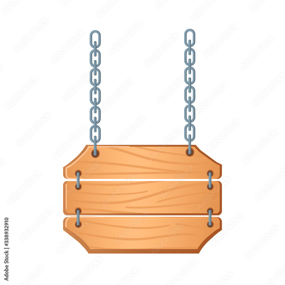 Western signboards vector. Wooden boards with chains for banners or messages hanging.