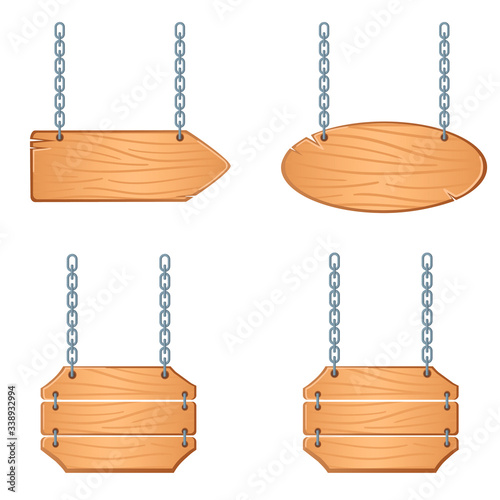 Western signboards vector set. Wooden boards with chains for banners or messages hanging.