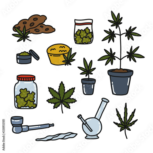 marijuana doodle icons set, vector illustration