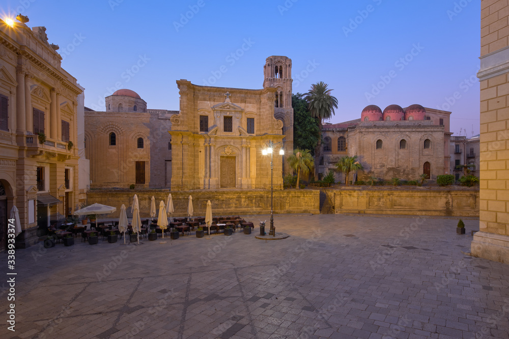 dawn blue hour shot Church of St. Mary of the Admiral and Church of San Cataldo Sicily