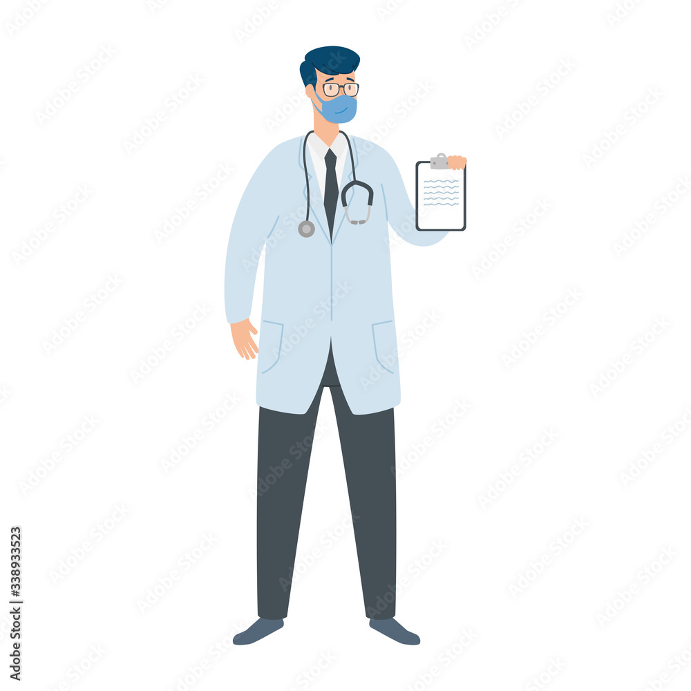 doctor male with face mask and clipboard vector illustration design