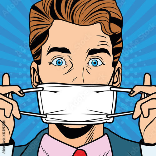 man using face mask fot covid19 pop art style