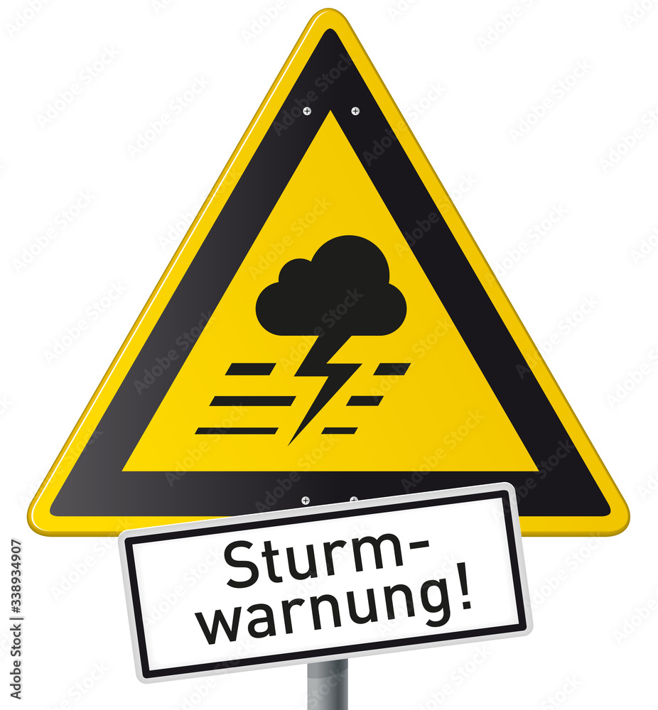 Schild Sturmwarnung gelb mit Piktogramm Sturm Schild Sturmwarnung gelb mit Piktogramm Sturm