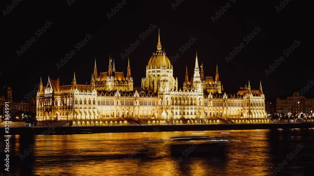 Budapest, Hungary - September 2019: Parliament Timelapse At Night, 4K