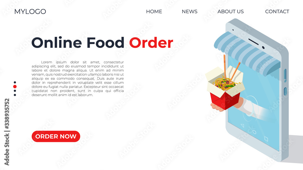 The conceptual template for the web page on the topic of food delivery. The concept of ordering sushi using a smartphone. Food delivery to your home. Vector isometric illustration.