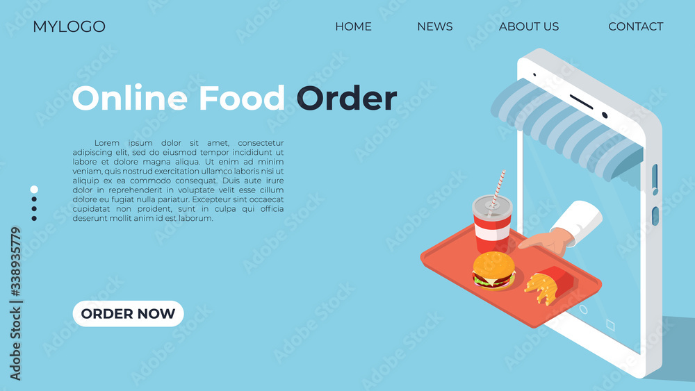 The conceptual template for the web page on the topic of food delivery. The concept of ordering fast food using a smartphone. Food delivery to your home. Vector isometric illustration.