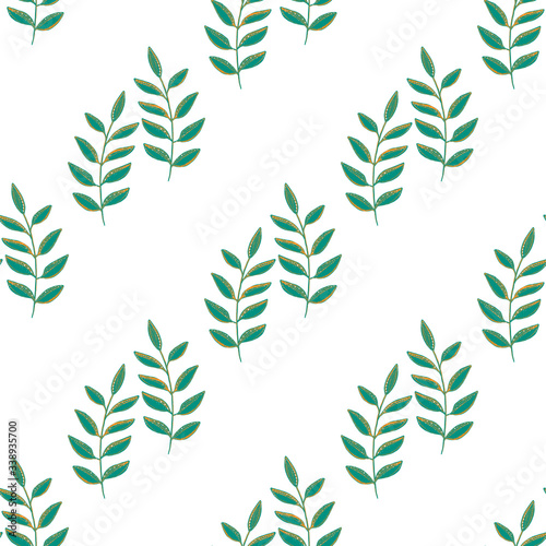 Hand drawn seamless pattern with light green branches and leaves.