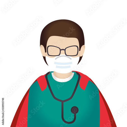 super male paramedic with face mask and hero cloak vector illustration design