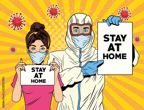 couple with biosafety suit and stay at home label covid19 pandemic