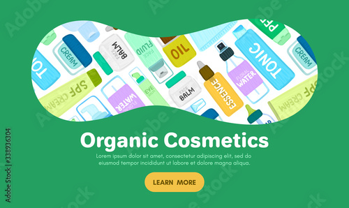 Organic or natural cosmetics. Many jars and bottles with cosmetic names. Facial skin care. Online store. Landing page template. Background is for banner, header, advertising, mailing list. Vector