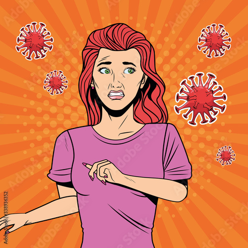 woman with covid19 particles pop art style