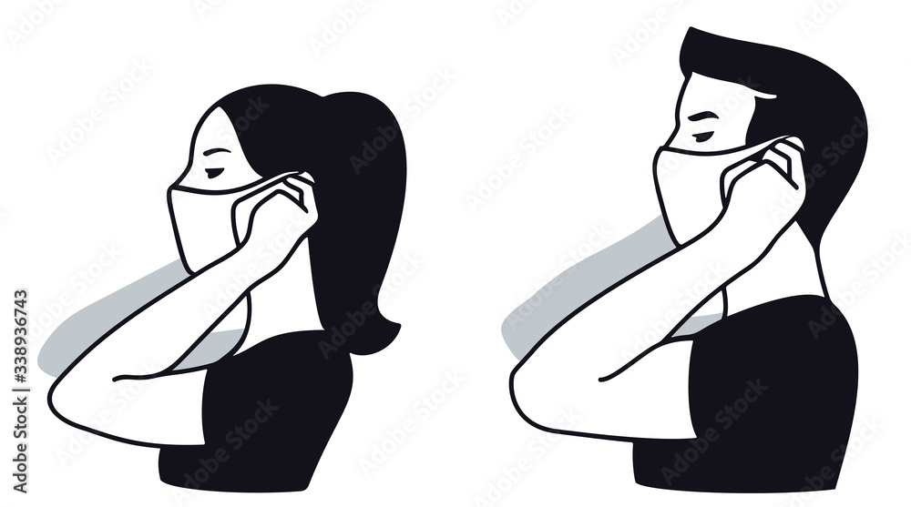 custom made wallpaper toronto digitalMan and woman putting on medical face mask to protect themselves from catching a virus, vector illustration, 3 colours, side view.