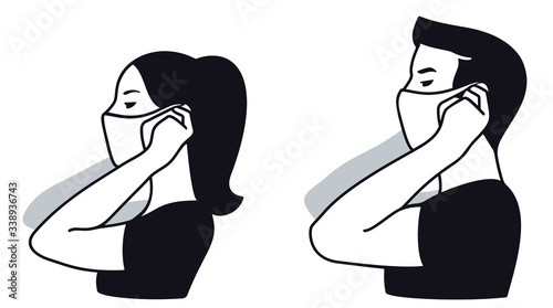 Wallpaper Mural Man and woman putting on medical face mask to protect themselves from catching a virus, vector illustration, 3 colours, side view. Torontodigital.ca