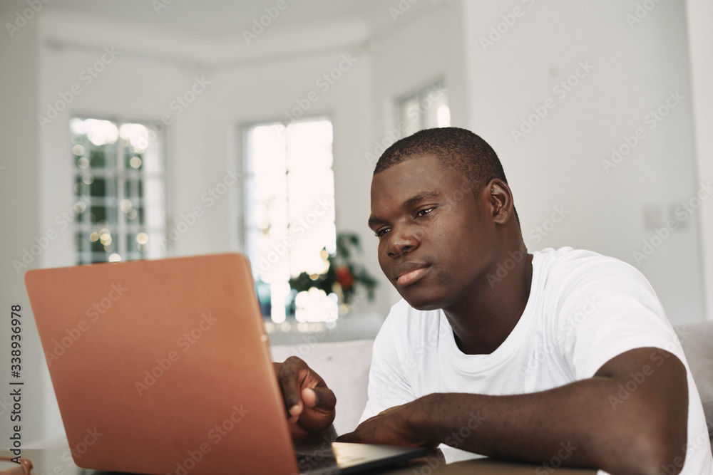 A man at home in front of a laptop communicating vacation interior A man at home in front of a laptop communicating vacation interior
