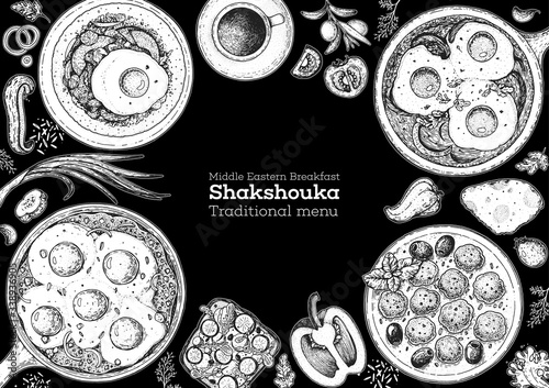 Shakshouka cooking and ingredients for shakshouka, sketch illustration. Israeli breakfast. Arabic cuisine frame. Breakfast menu design elements. Shakshuka, hand drawn frame. Middle eastern food.
