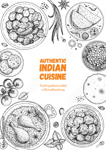 Indian food illustration. Hand drawn sketch. Indian cuisine. Doodle collection. Vector illustration. Menu background. Engraved style.