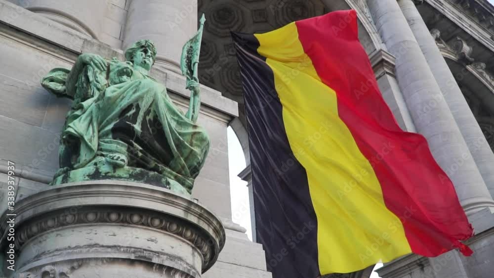 Belgium flag against tricolour stripes waving on wind from Arcade du Cinquantenaire 1920X1080 HD footage (1080p 100fps FullHD video)