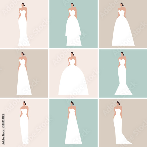 Brides in different styles of wedding dresses made in modern flat vector style. Flat vector illustration.