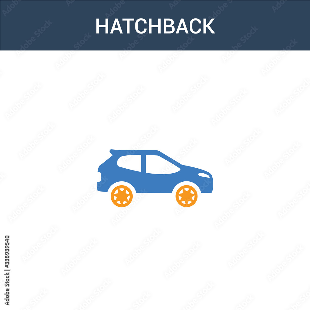 two colored hatchback concept vector icon. 2 color hatchback vector illustration. isolated blue and orange eps icon on white background.