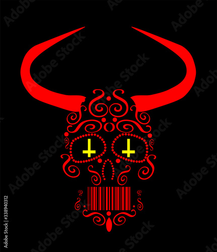Satan, red skull with ornament details and inverted cross neon yellow color