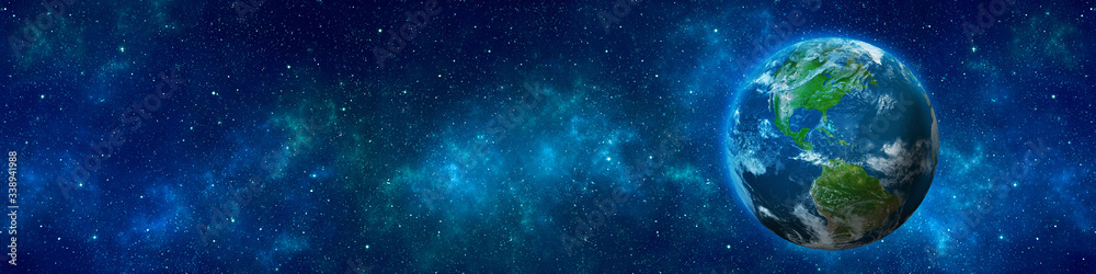 Planet Earth, nebula and stars in night sky web banner. Space background. Elements of this image furnished by NASA. 3D rendering.