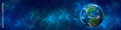 Planet Earth  nebula and stars in night sky web banner. Space background. Elements of this image furnished by NASA. 3D rendering.
