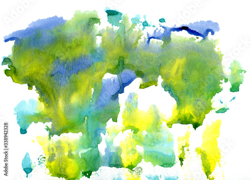 Abstract watercolor splashes on white background with texture of paper. Green, blue and yellow bright colors, hand draw. Design for backgrounds, wallpapers, prints, covers and packaging